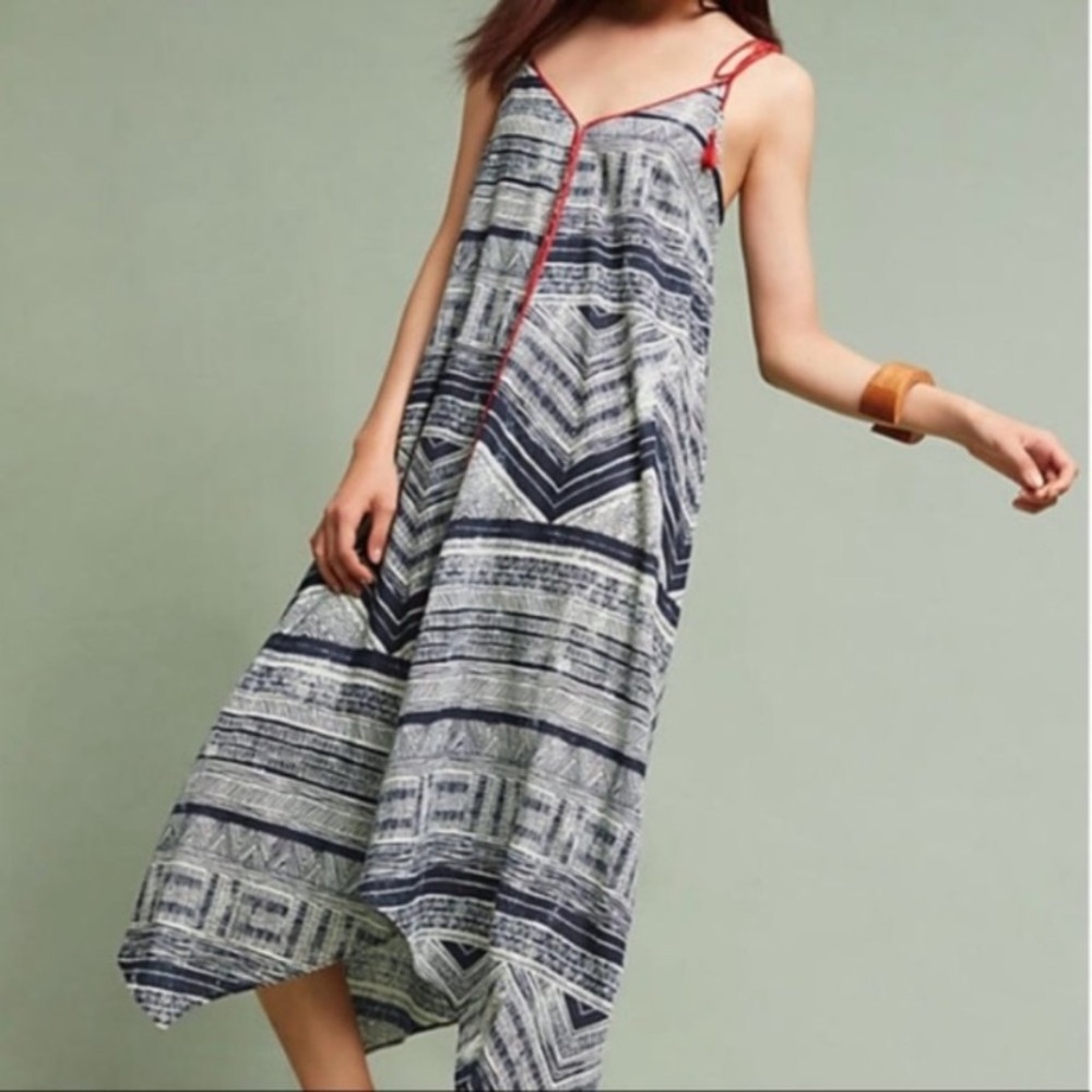 Anthropologie Navy and White Striped Midi Slip Dress with Red Trim